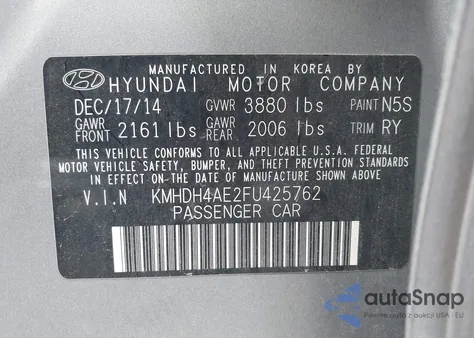 2015 Hyundai Elantra Se z USA, uszkodzony, nr VIN KMHDH4AE2FU425762